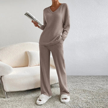 Carmi - casual ribbed v neck long sleeve shirts and wide leg pants sets