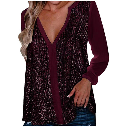 Women's Sequin Blouse - Deep V-Neck - Sheer Long Sleeves - Loose Fit Party Top