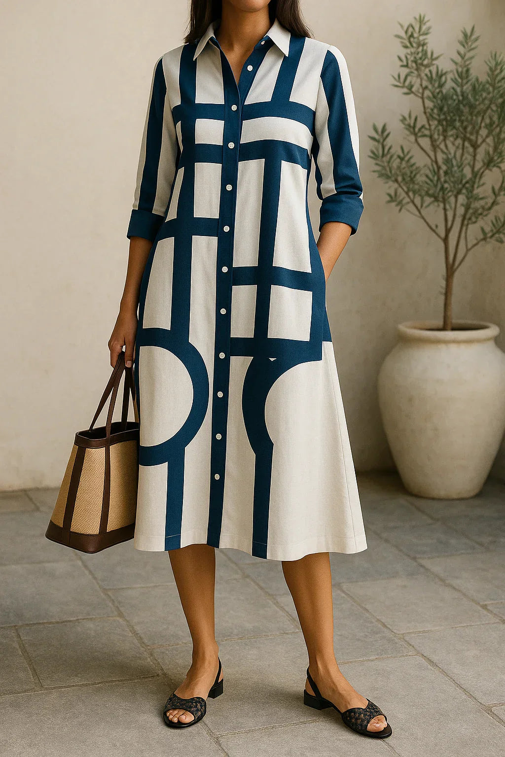 Breathable Geometric Print Relaxed Shirt Dress 