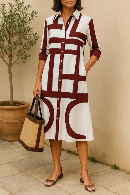 Women’s Shirt Dress – Relaxed Fit – Midi Length – Geometric Print – Breathable Blend