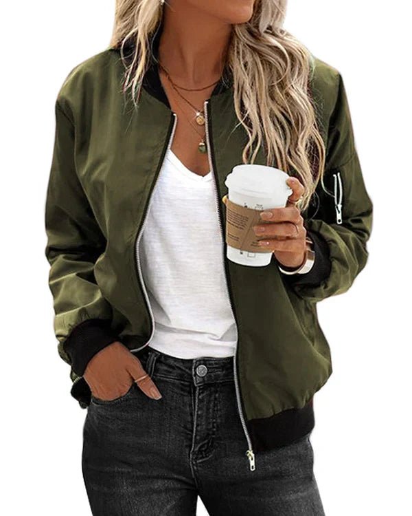 Stylish women's classic bomber jacket with pockets