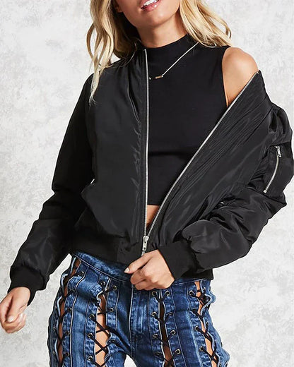 Stylish women's classic bomber jacket with pockets