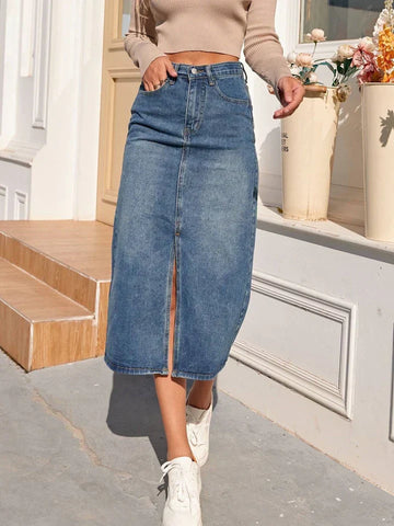 Sophie - women's high-waisted denim midi skirt with front split