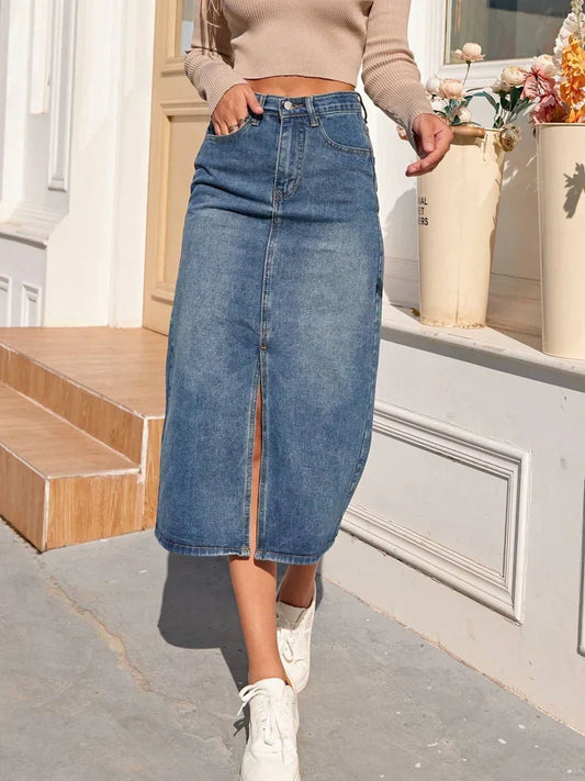 High-Waisted Denim Midi Skirt with Front Split