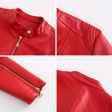 Women's leather short jacket with stand collar