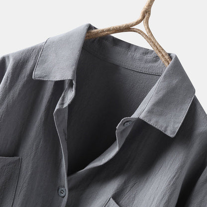 Women's Linen Button-Up Shirt - Oversized Fit - Long Sleeve - High-Low Hem - Casual Wear