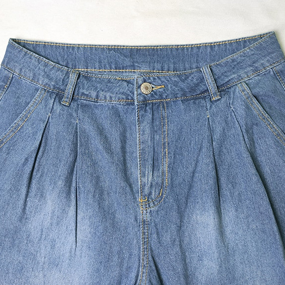 High-waist wide-leg pleated denim jeans for women