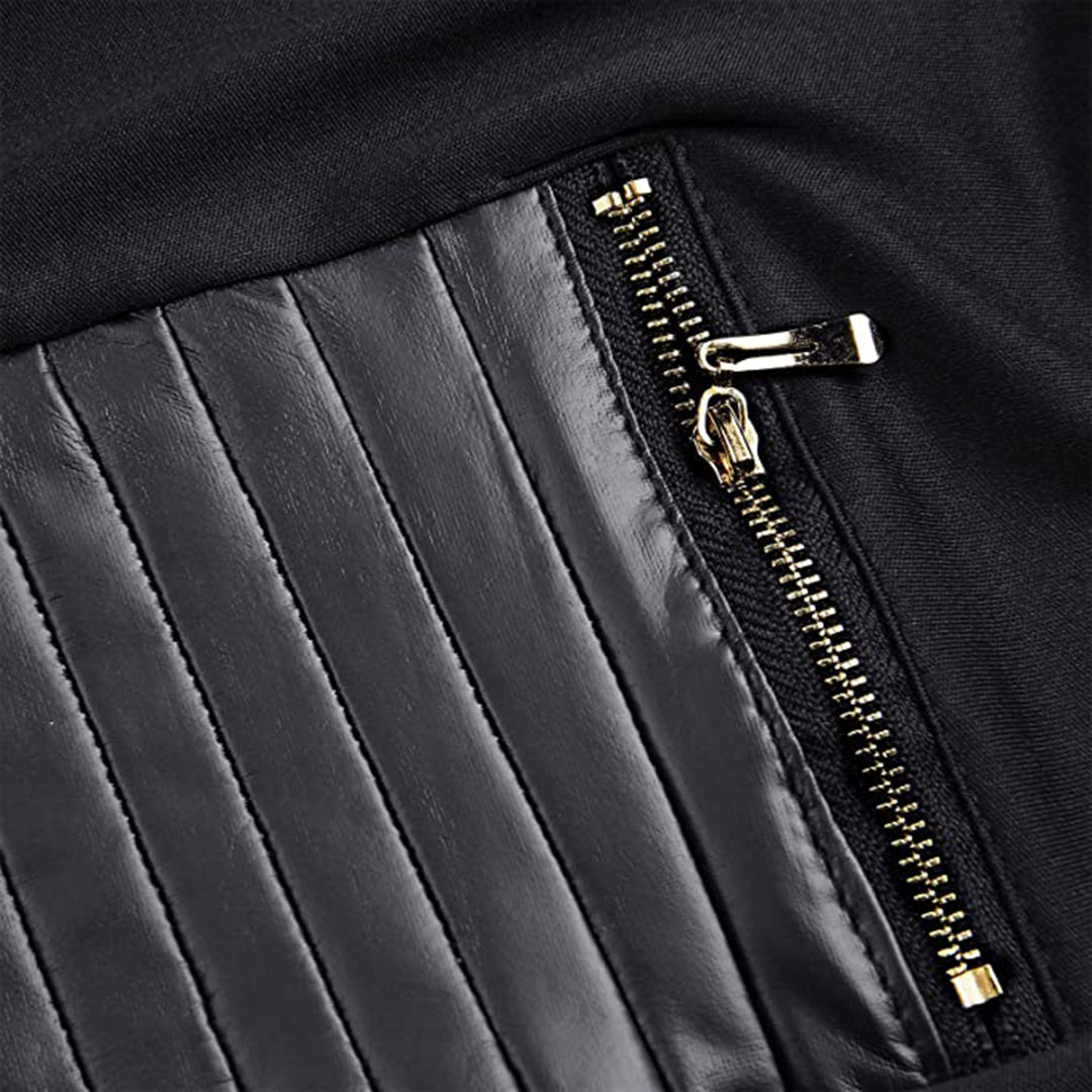 Women's Leather Panel Leggings - High Waist - Ribbed Texture - Zipper Pockets - Stretch Fit