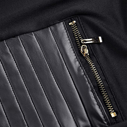 Women's Leather Panel Leggings - High Waist - Ribbed Texture - Zipper Pockets - Stretch Fit