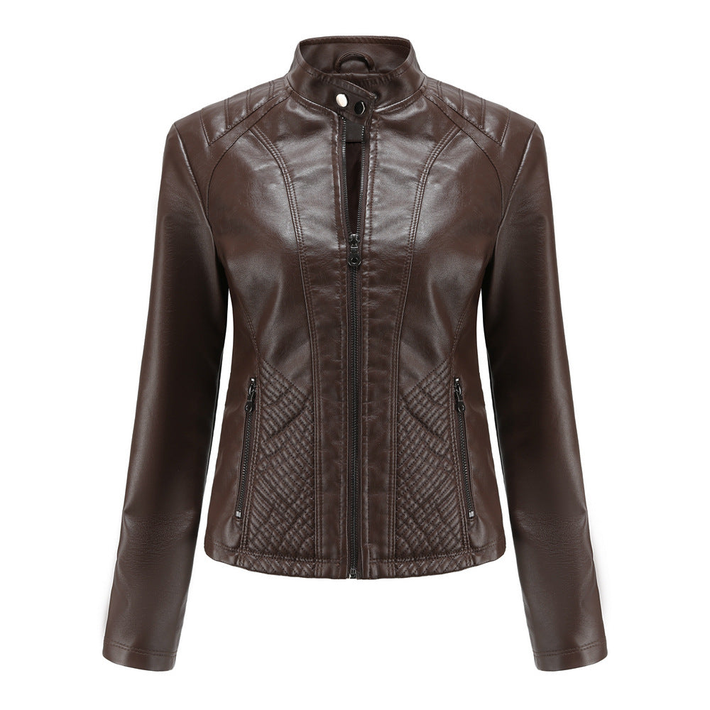 Women's casual leather stand collar jacket