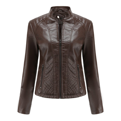 Women's casual leather stand collar jacket