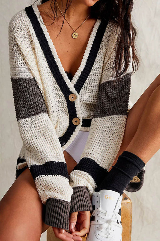 Color Block Button-Down V-Neck Cardigan