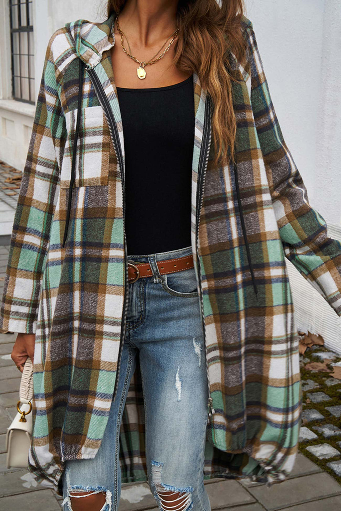 Women's contrast plaid zip-up mid-length hoodie