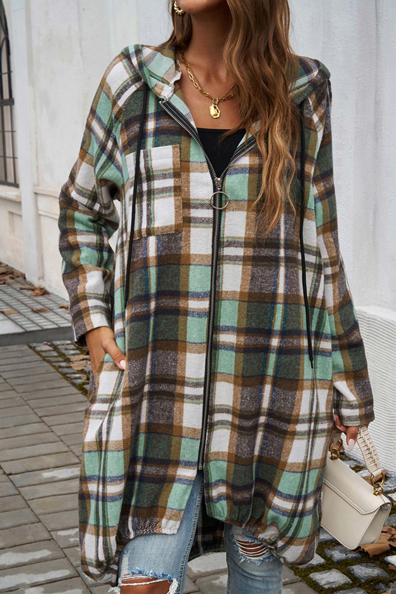 Women's contrast plaid zip-up mid-length hoodie