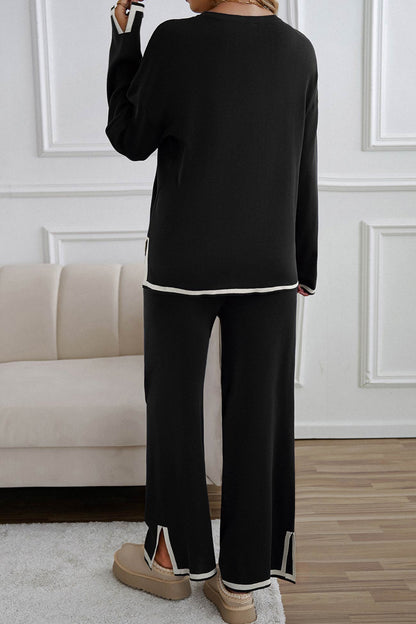 Women's contrast slit hem knit long sleeve top and straight leg pants set