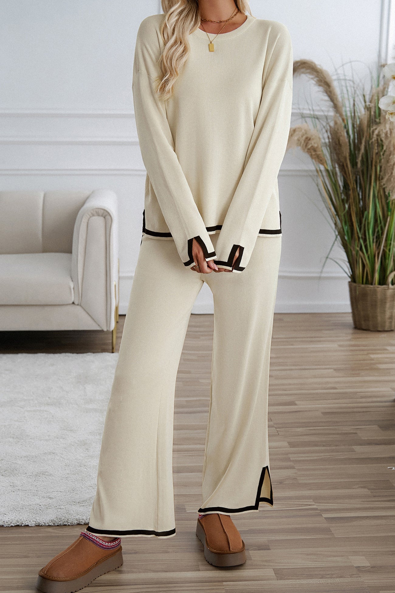 Women's contrast slit hem knit long sleeve top and straight leg pants set