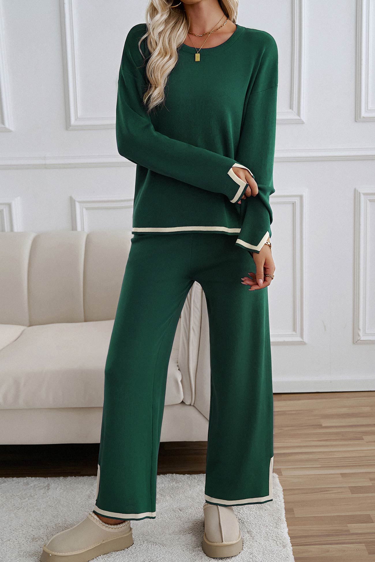 Women's contrast slit hem knit long sleeve top and straight leg pants set