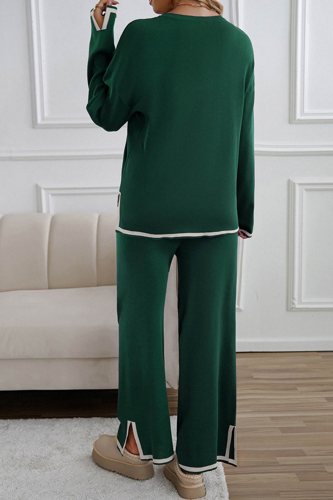 Women's contrast slit hem knit long sleeve top and straight leg pants set