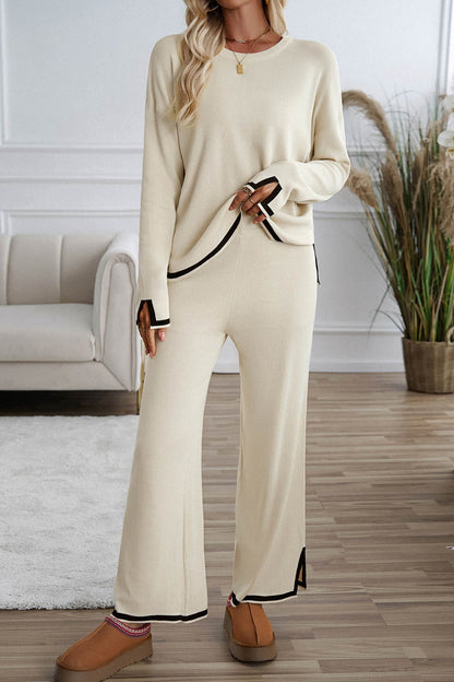 Women's contrast slit hem knit long sleeve top and straight leg pants set