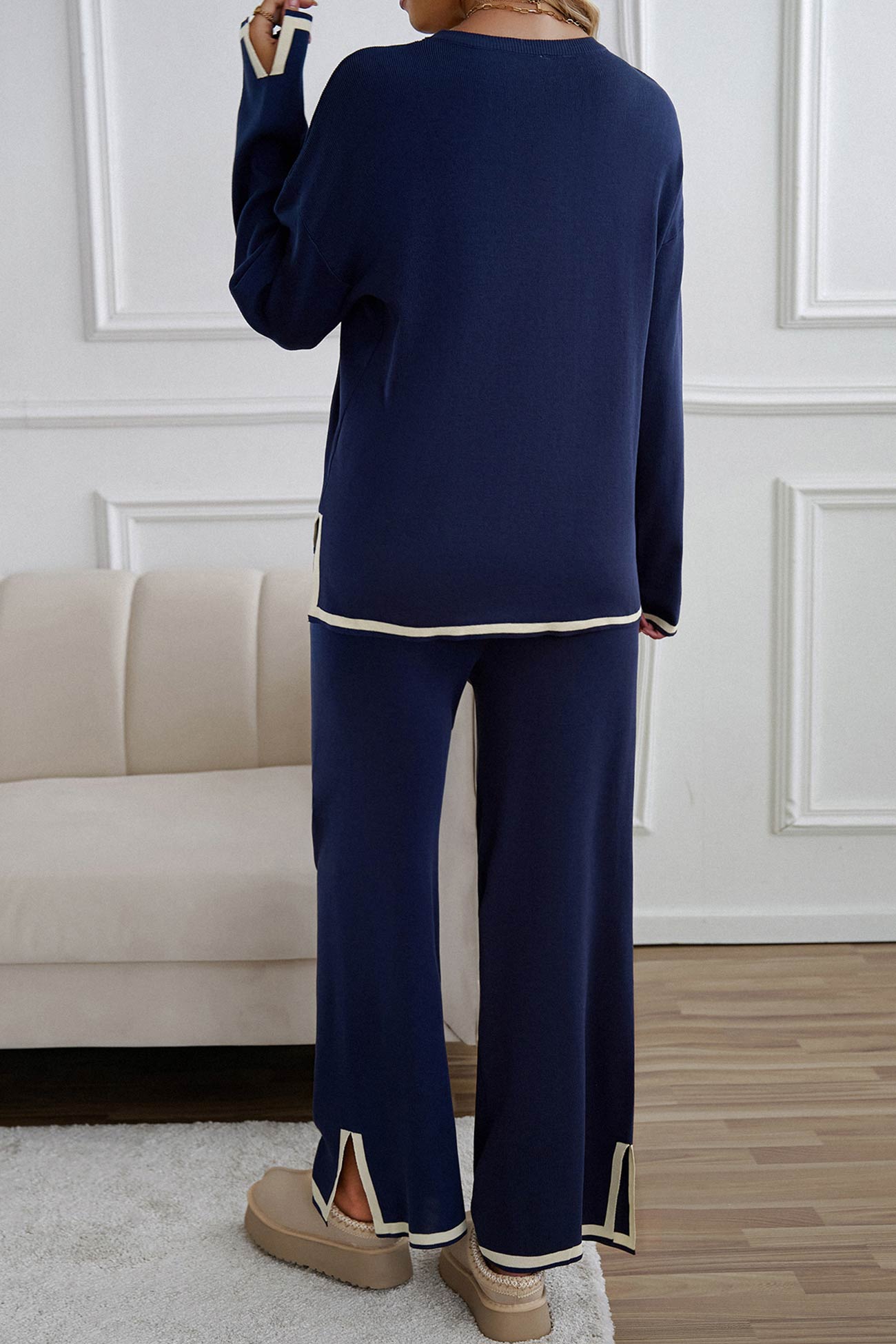 Women's contrast slit hem knit long sleeve top and straight leg pants set