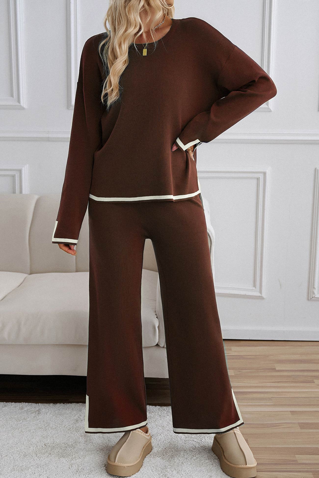 Women's contrast slit hem knit long sleeve top and straight leg pants set