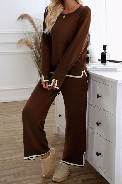 Women's contrast slit hem knit long sleeve top and straight leg pants set