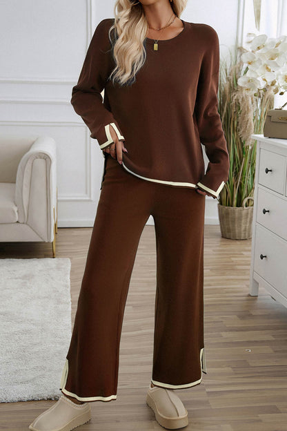 Women's contrast slit hem knit long sleeve top and straight leg pants set