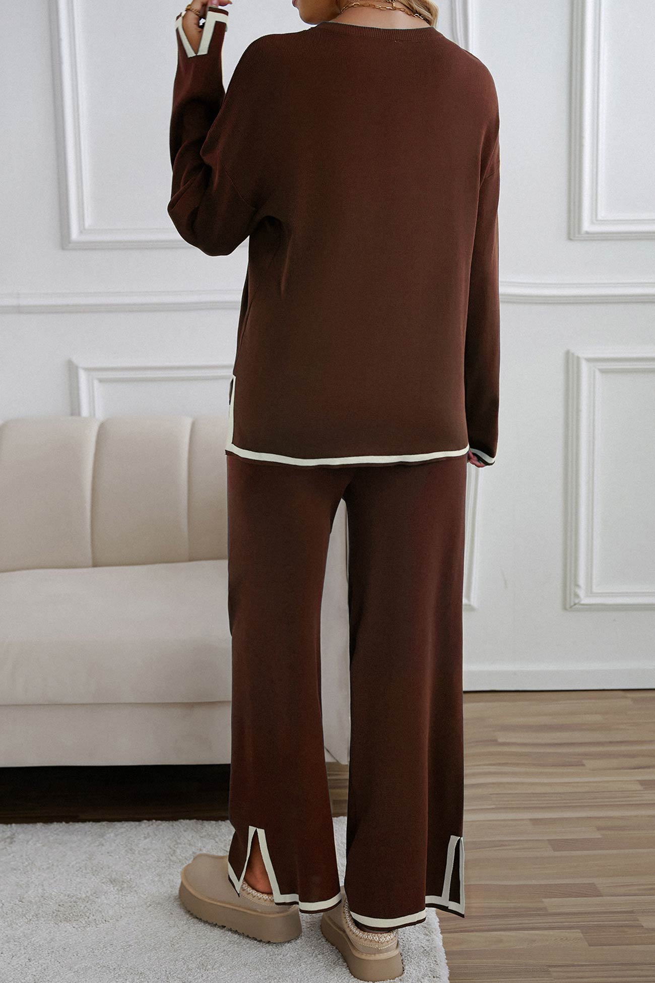 Women's contrast slit hem knit long sleeve top and straight leg pants set
