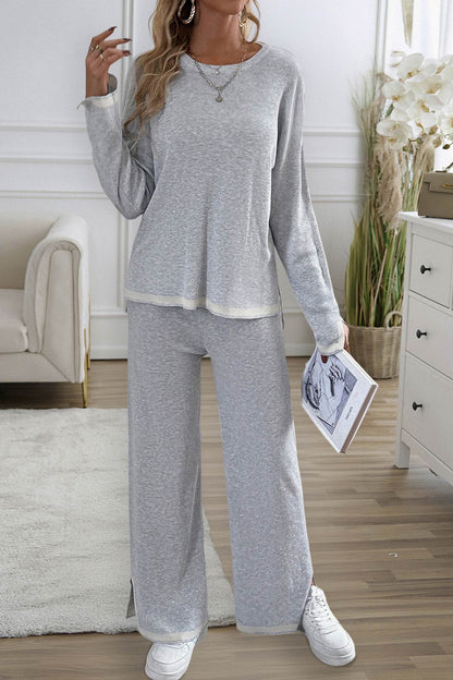 Women's contrast slit hem knit long sleeve top and straight leg pants set