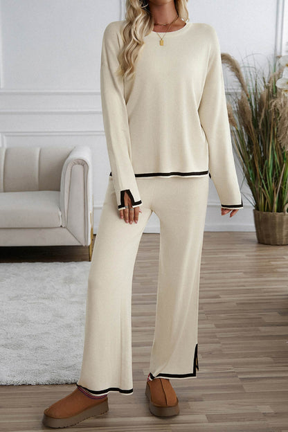 Women's contrast slit hem knit long sleeve top and straight leg pants set
