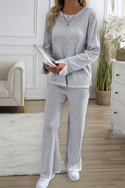 Women's contrast slit hem knit long sleeve top and straight leg pants set