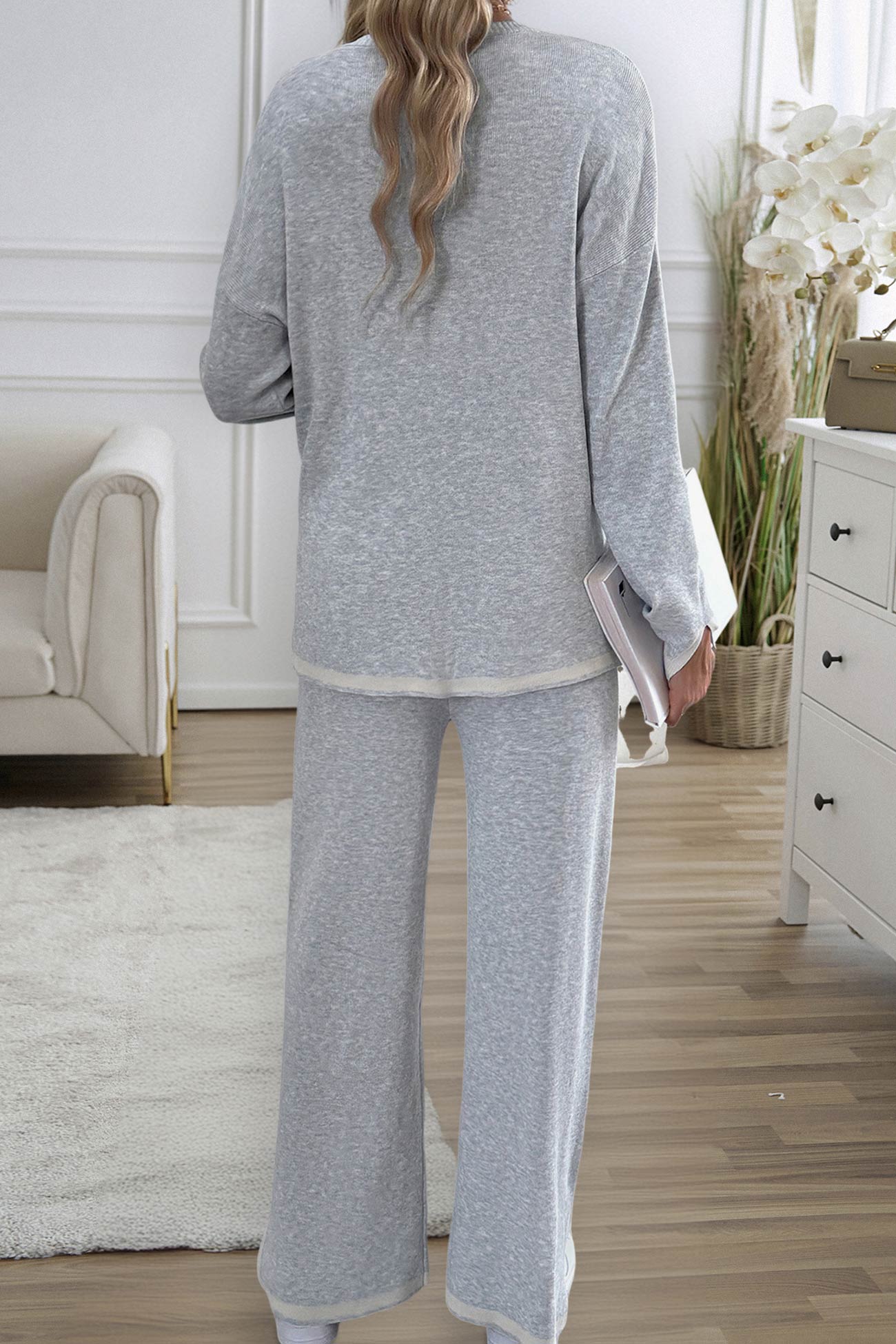 Women's contrast slit hem knit long sleeve top and straight leg pants set