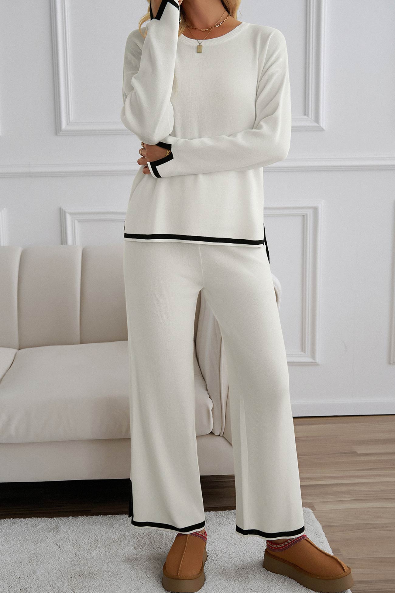 Women's contrast slit hem knit long sleeve top and straight leg pants set