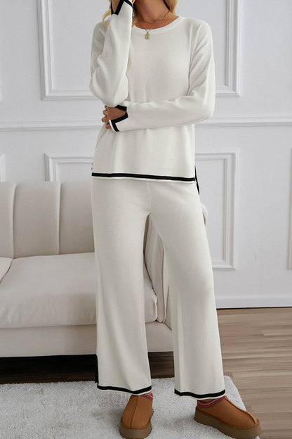 Women's contrast slit hem knit long sleeve top and straight leg pants set