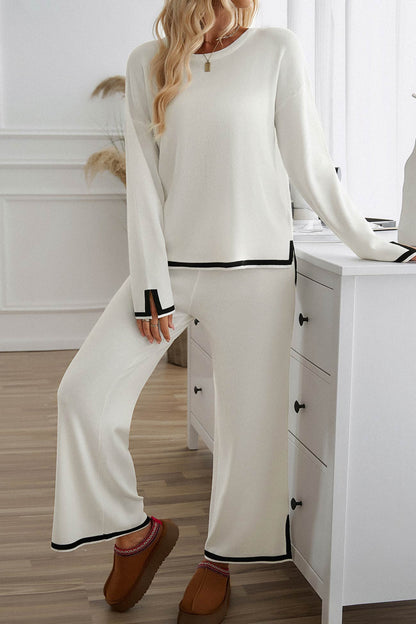 Women's contrast slit hem knit long sleeve top and straight leg pants set