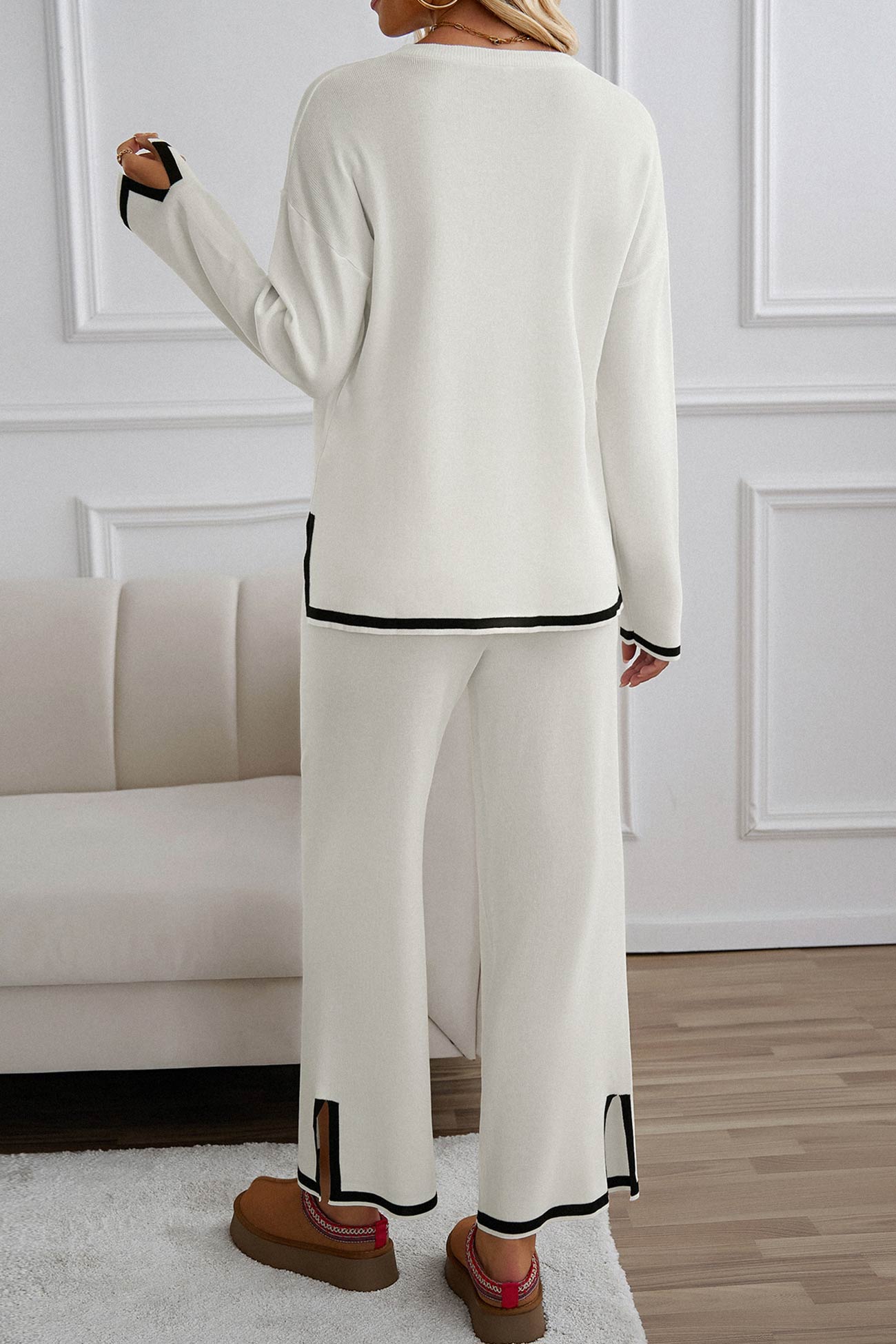 Women's contrast slit hem knit long sleeve top and straight leg pants set