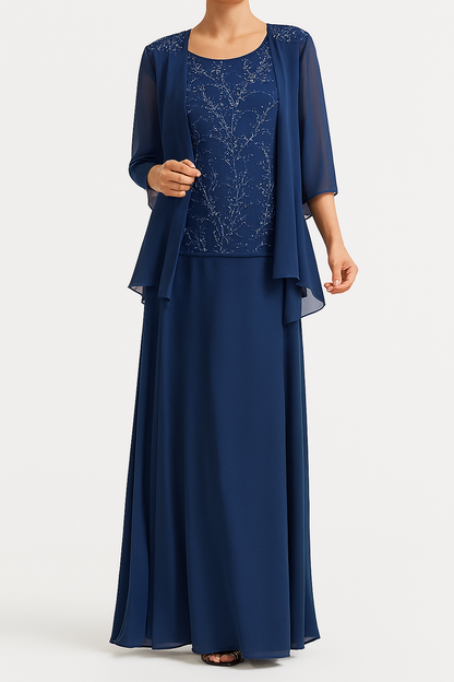 Women’s 2 Pieces Jacket Chiffon Lace Dress - 3/4 Sleeve Evening Gown