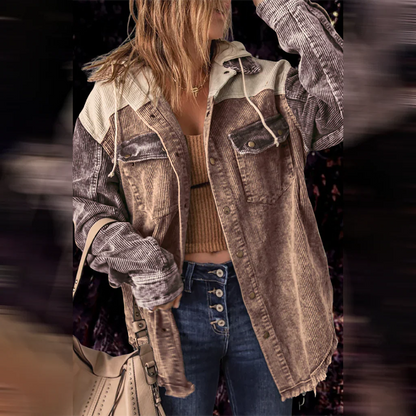 Women’s Corduroy Jacket – Oversized Fit – Patchwork – Drawstring Hood – Distressed Hem