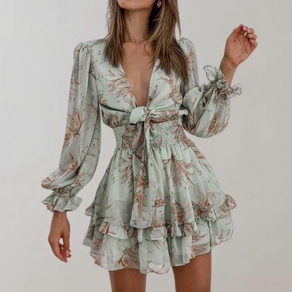 Women's Mini Dress - Deep V-Neck - Long Puff Sleeves - Waist Tie & Ruffle Hem