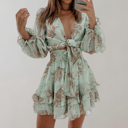 Women's Mini Dress - Deep V-Neck - Long Puff Sleeves - Waist Tie & Ruffle Hem