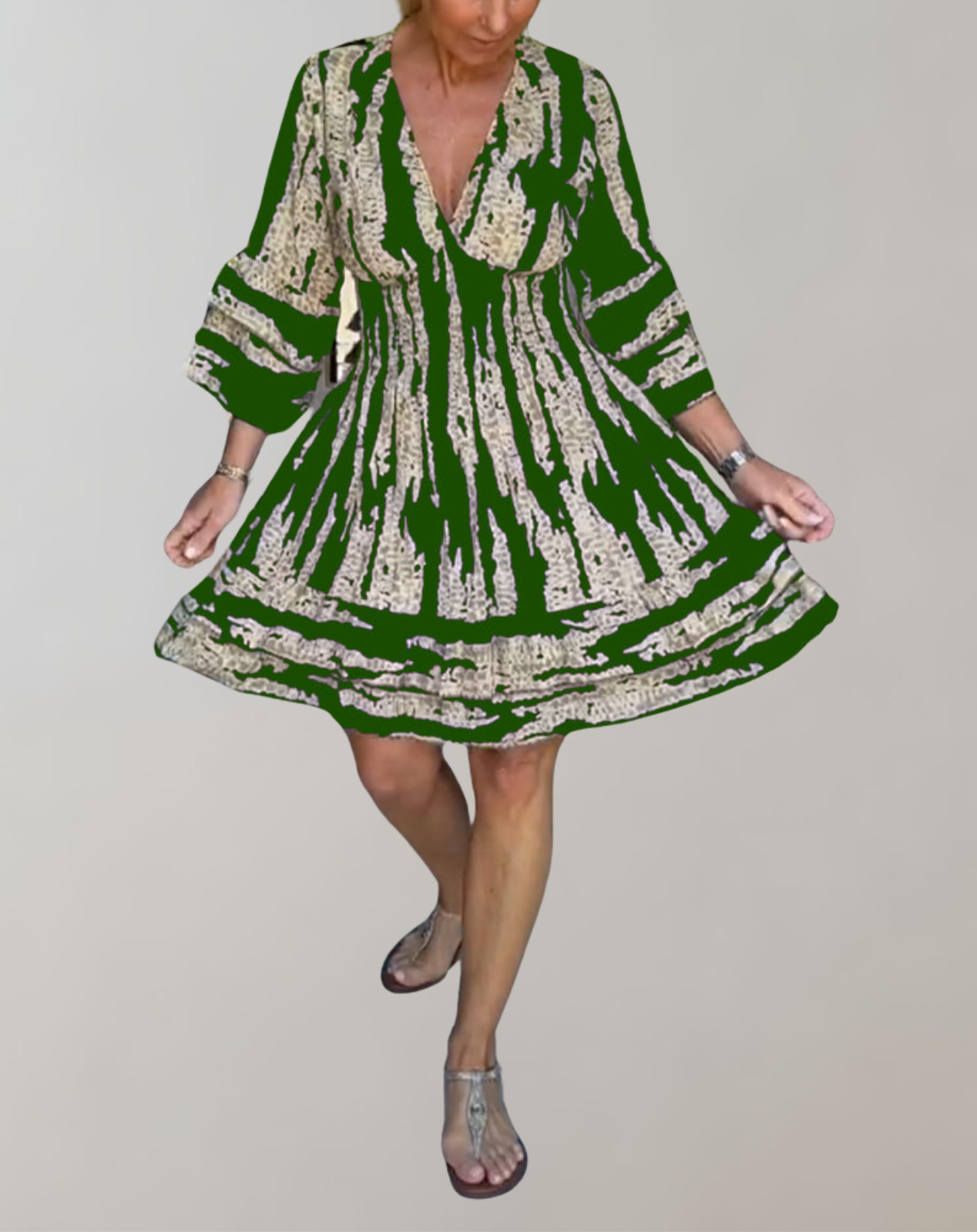 Women's A-Line Dress - V-Neck - Long Balloon Sleeves - Knee-Length Flowy Design