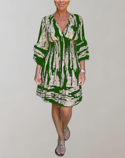 Women's A-Line Dress - V-Neck - Long Balloon Sleeves - Knee-Length Flowy Design