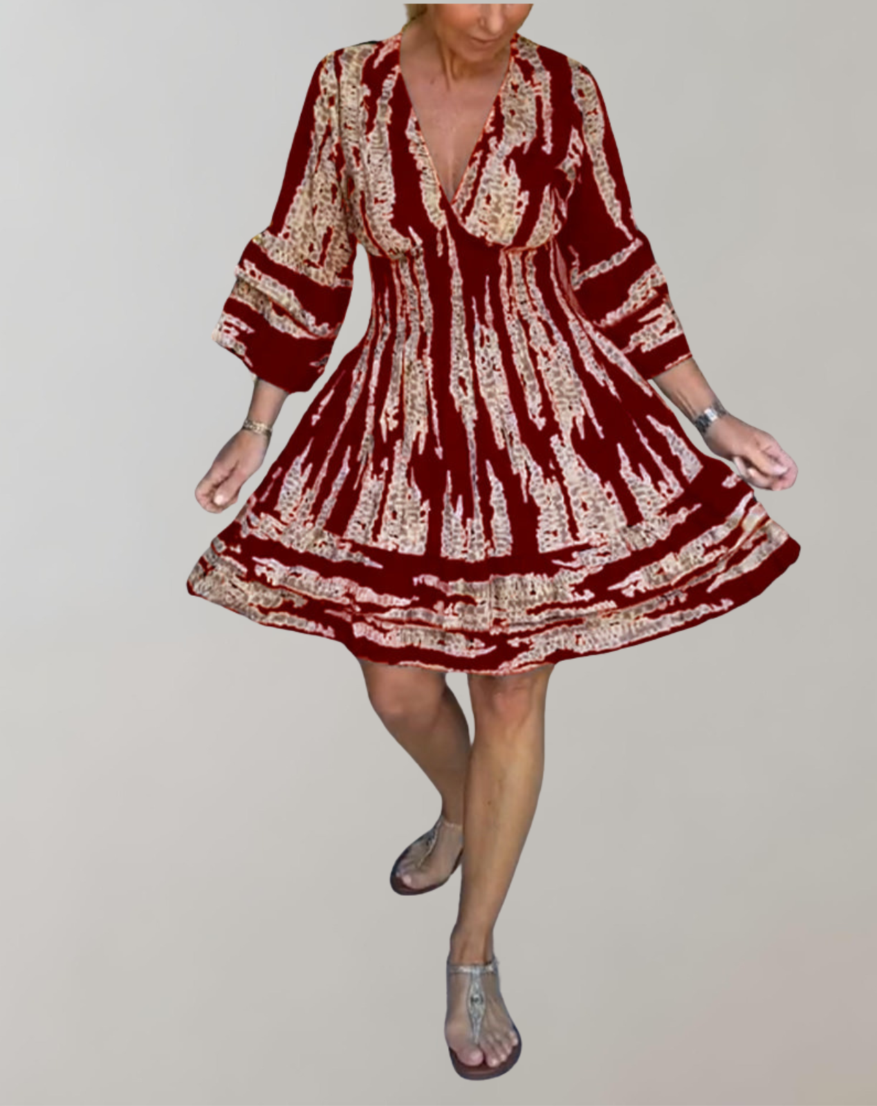 Women's A-Line Dress - V-Neck - Long Balloon Sleeves - Knee-Length Flowy Design