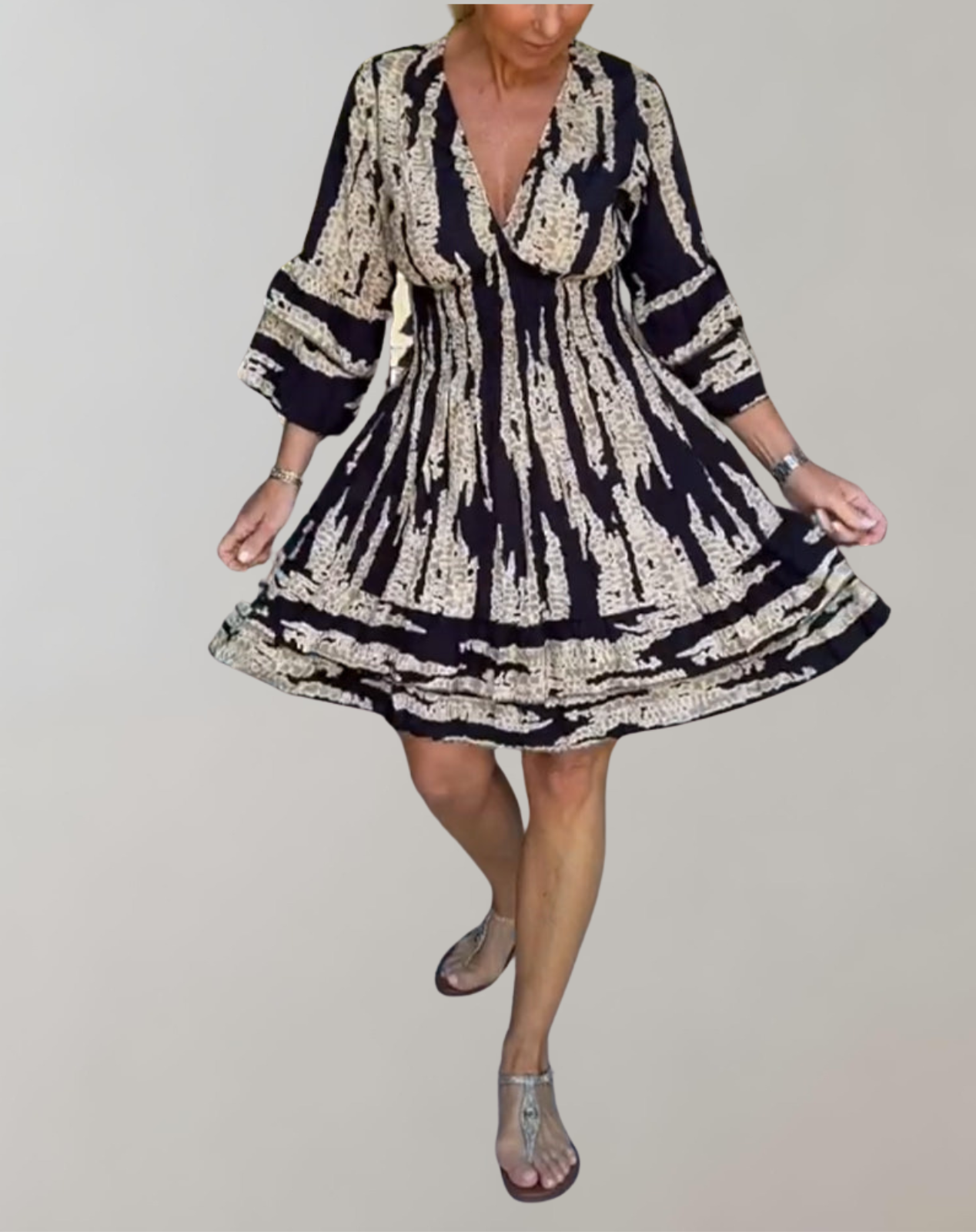 Women's A-Line Dress - V-Neck - Long Balloon Sleeves - Knee-Length Flowy Design