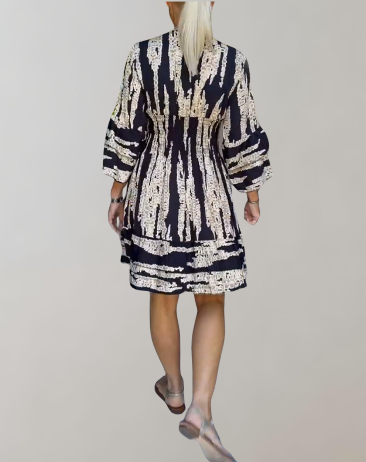 Women's A-Line Dress - V-Neck - Long Balloon Sleeves - Knee-Length Flowy Design