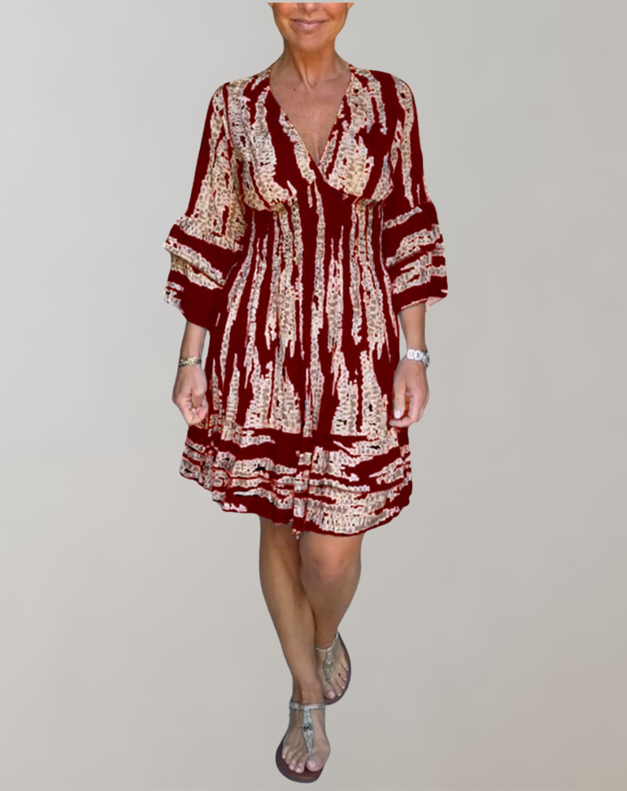 Women's A-Line Dress - V-Neck - Long Balloon Sleeves - Knee-Length Flowy Design