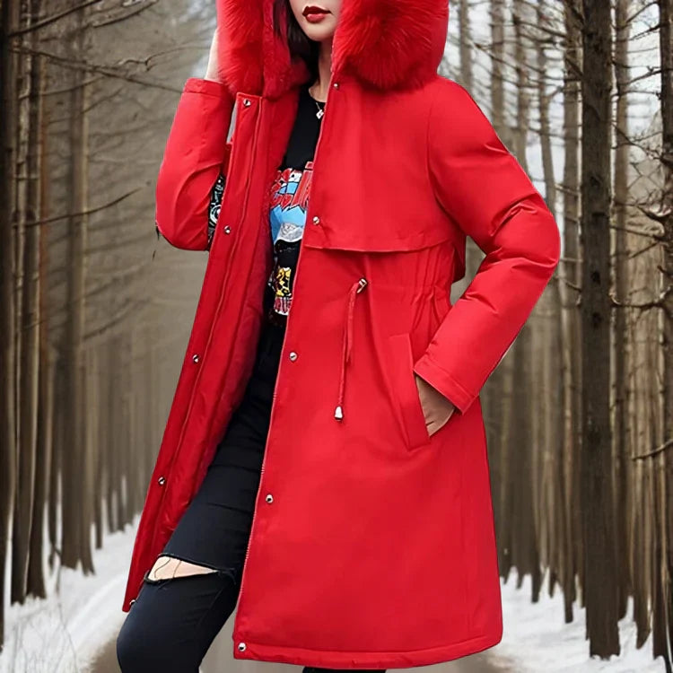 Women's slim waist cotton parka with rabbit fur lining