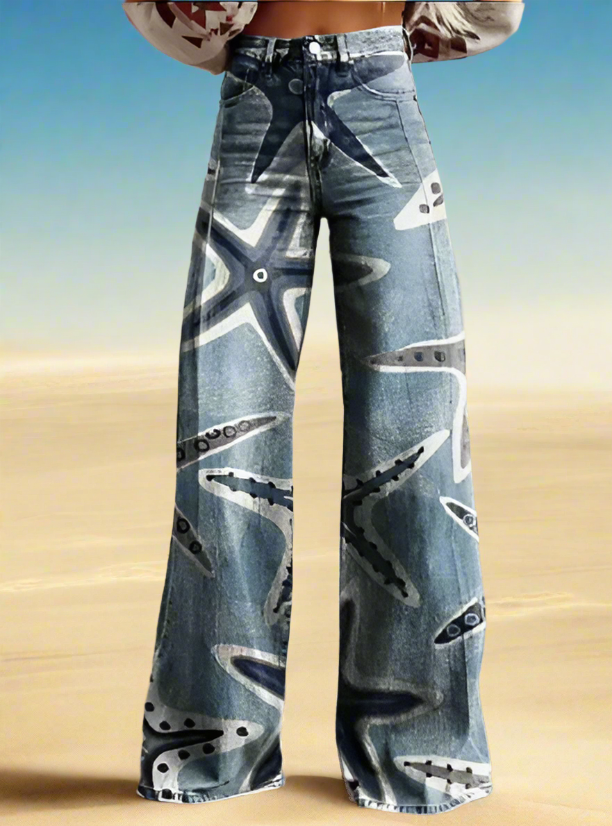 Women's starfish print wide leg denim jeans