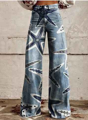 Women's starfish print wide leg denim jeans