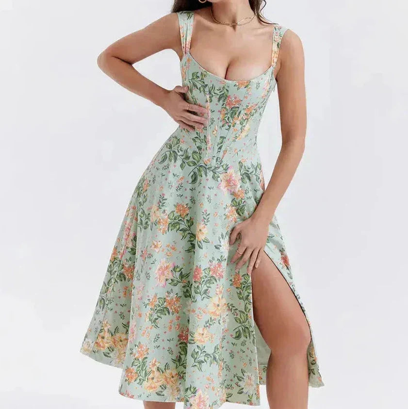 Women’s Corset Midi Dress – Floral Print – Fitted Bodice – Wide Straps – Side Slit